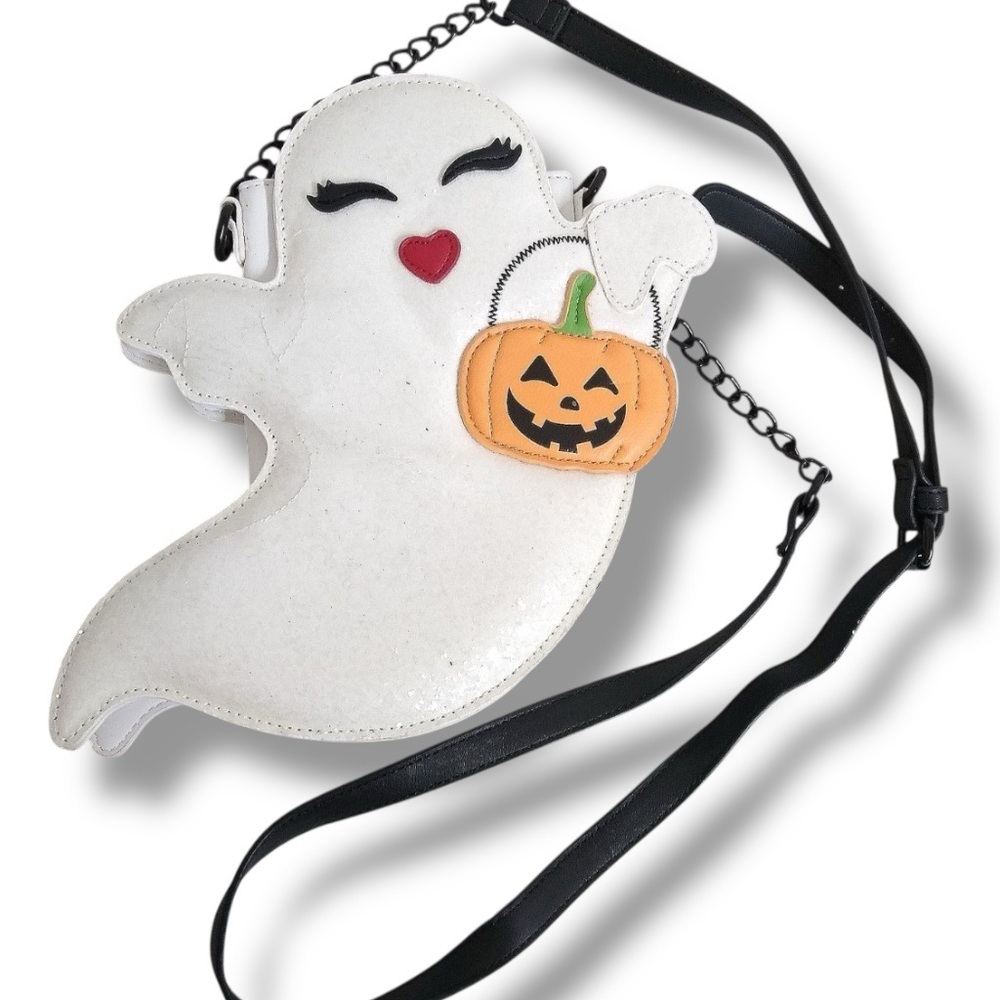 RARE Betsey Johnson Halloween XOGHOSTY White Glitter Crossbody Bag With Pumpkin - Picture 2 of 7